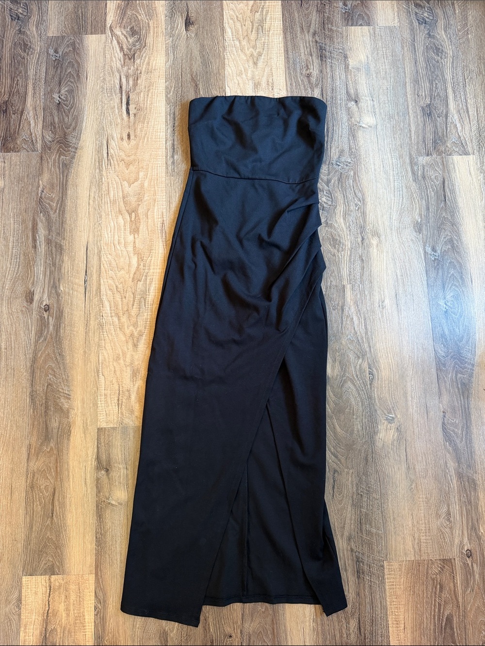 Lulus Strapless Black Midi Dress with Side Slit